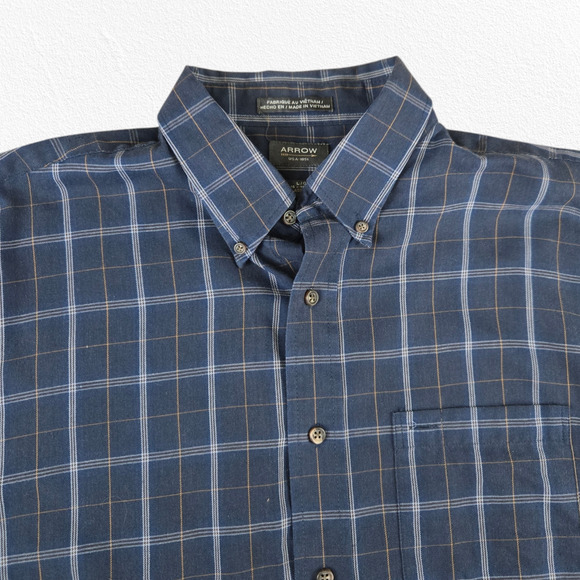 Arrow Navy Blue Plaid Classic Fit Button Down Casual Shirt Size Large 16-16.5 - Picture 2 of 9
